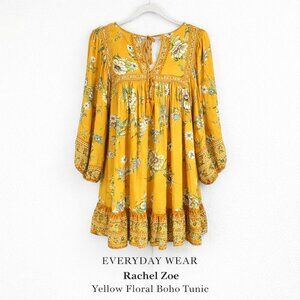 Rachel Zoe Yellow Floral Boho Tunic Balloon Sleeve Tassel S